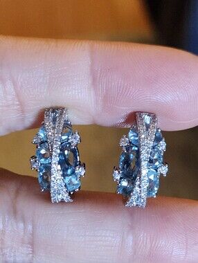 New 925 Silver Aquamarine Diamond Hoop Earrings for Women